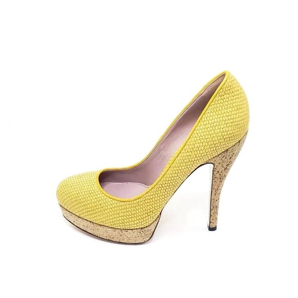 Gucci Bumblebee Woven Cork Platform Pump Stiletto Almond Round Toe Yellow US 7.5 - Picture 2 of 10